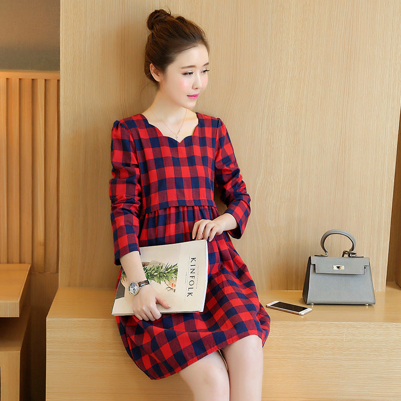 Maternity dress cotton plaid mid-length maternity dress