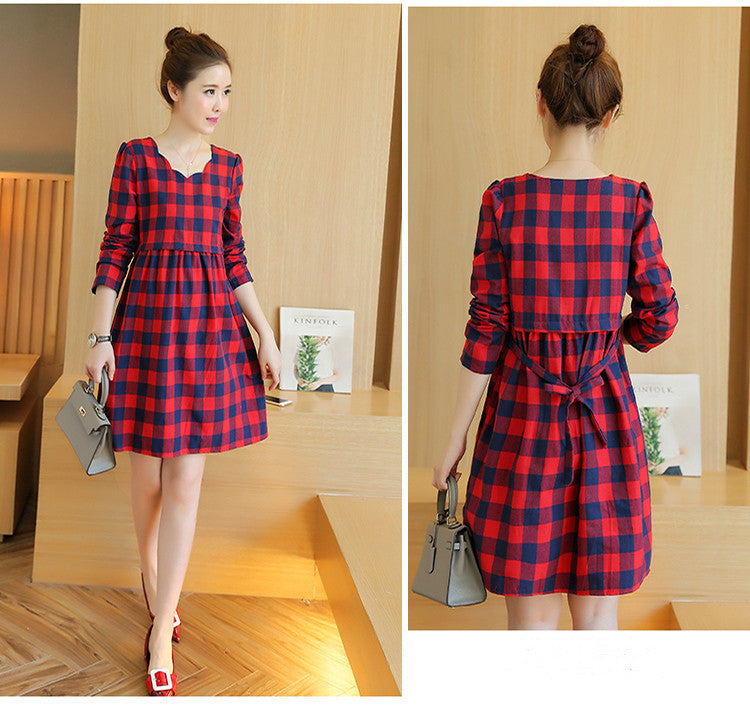 Maternity dress cotton plaid mid-length maternity dress