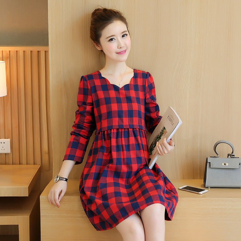 Maternity dress cotton plaid mid - length maternity dress - Bright Cubb