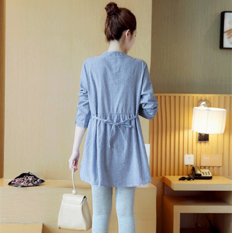 Maternity Dress Stand - up Collar Striped Embroidery - Bright Cubb