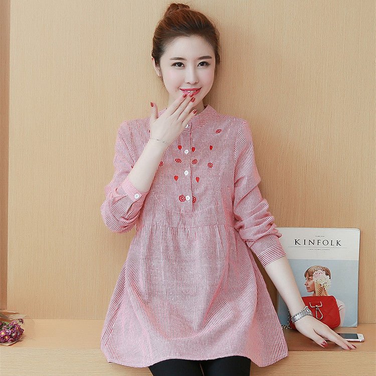 Maternity Dress Stand - up Collar Striped Embroidery - Bright Cubb