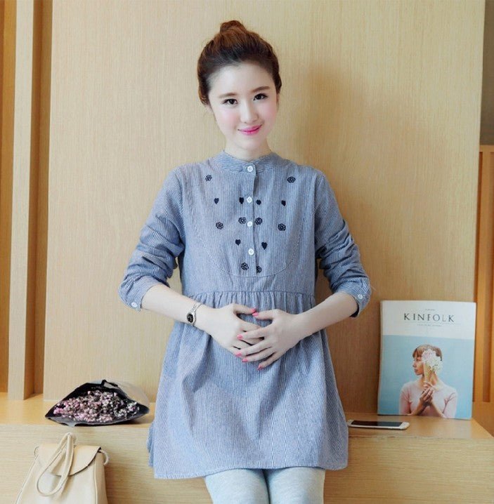Maternity Dress Stand - up Collar Striped Embroidery - Bright Cubb