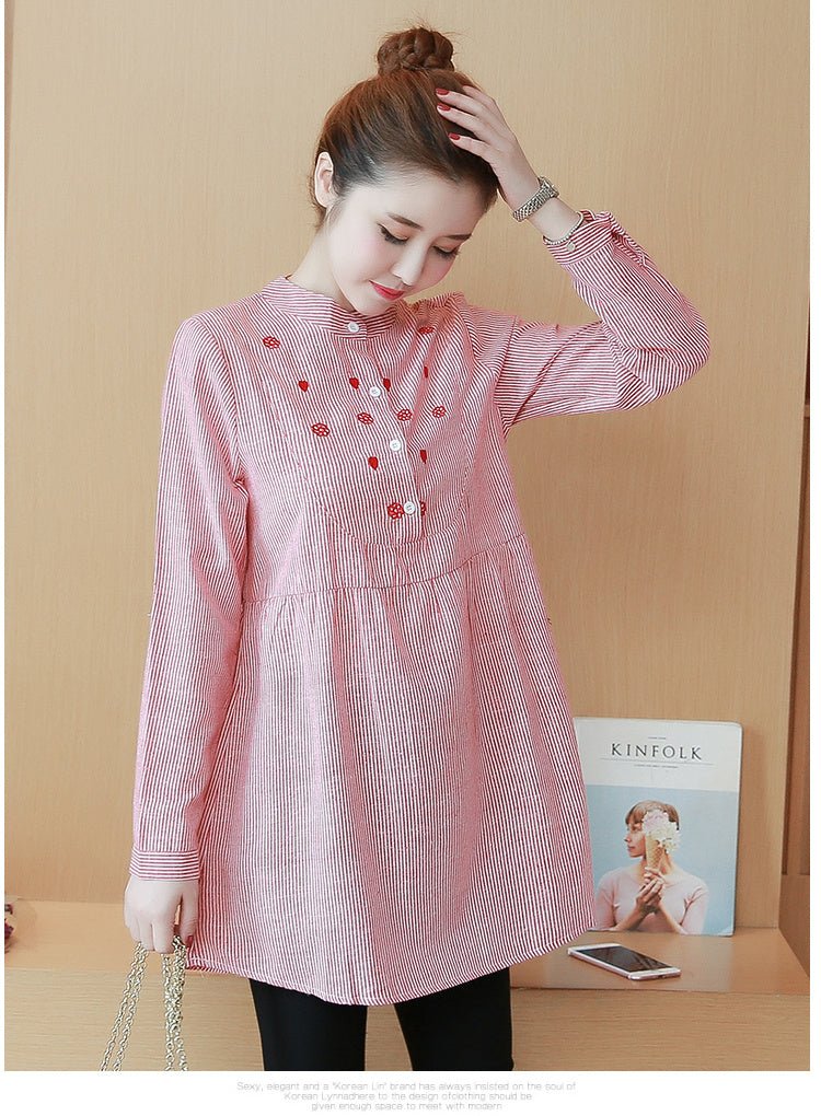 Maternity Dress Stand - up Collar Striped Embroidery - Bright Cubb